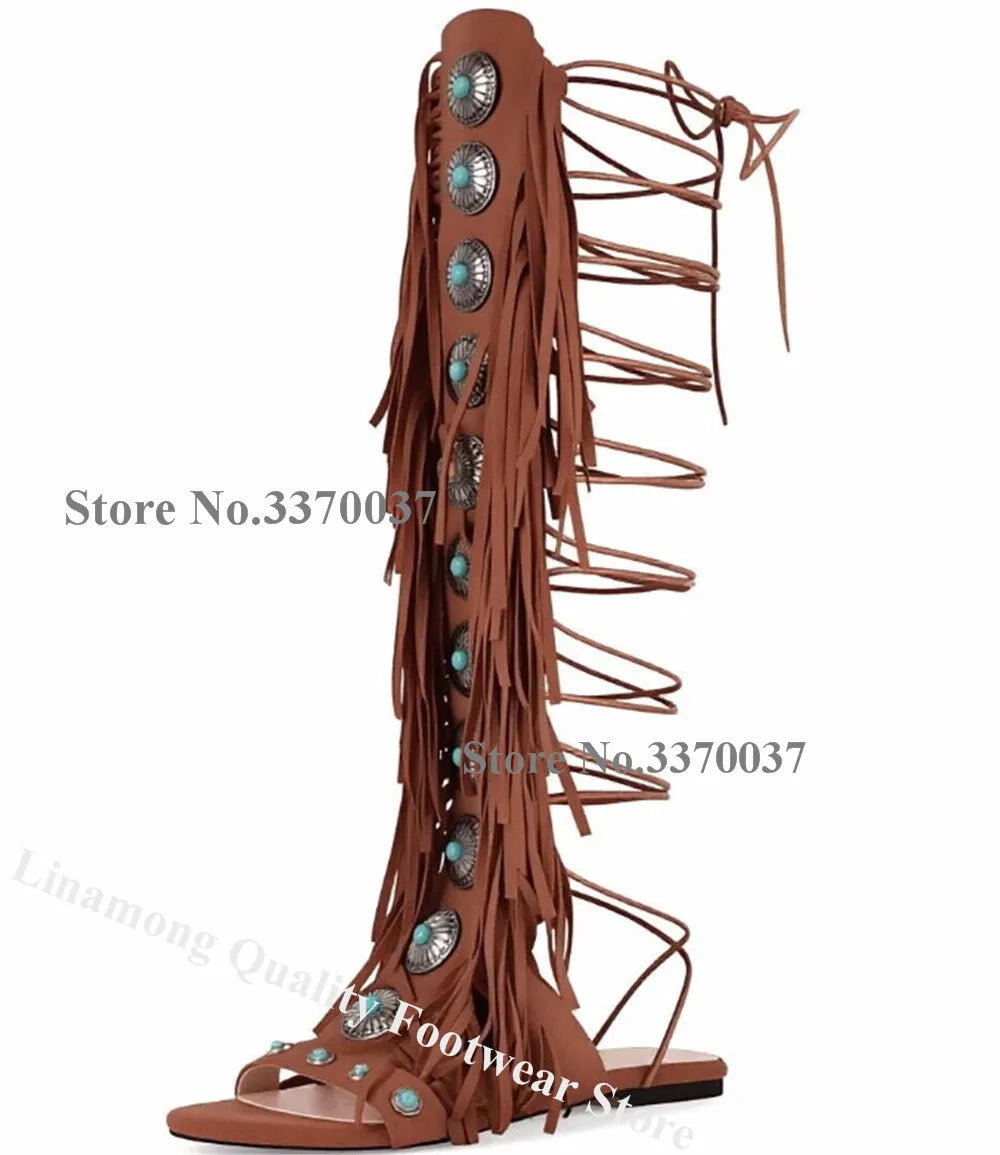 Open Toe Rhinestone Suede Fringe Gladiator Boots for Women