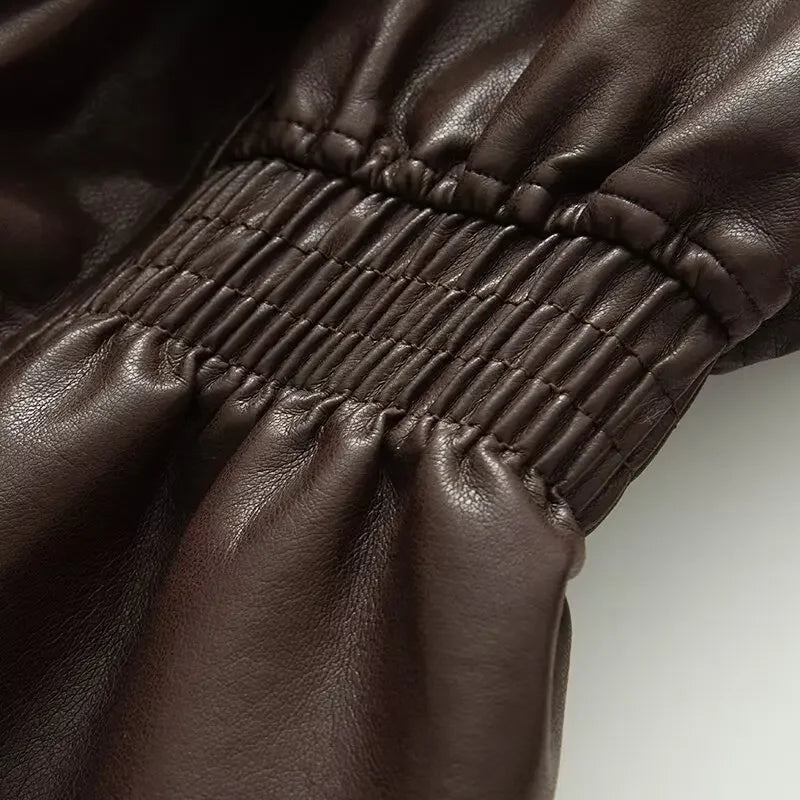 Cropped Oversized Black Leather Bomber Jacket for Women