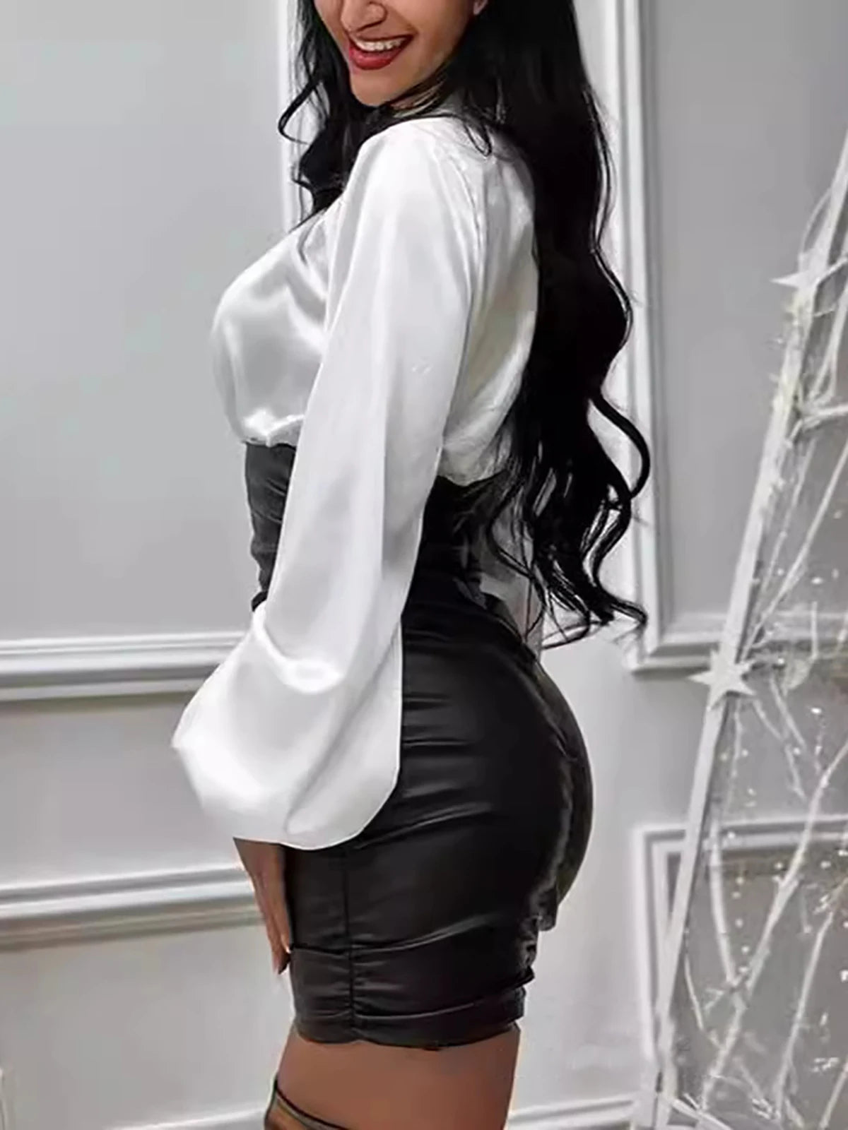 Satin Slim Round Neck Puff Sleeve Pu Leather Patchwork Mini Dress For Women