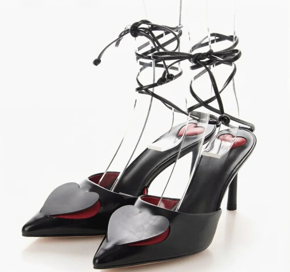 Red Heart Cutout Leather Pointed Pumps