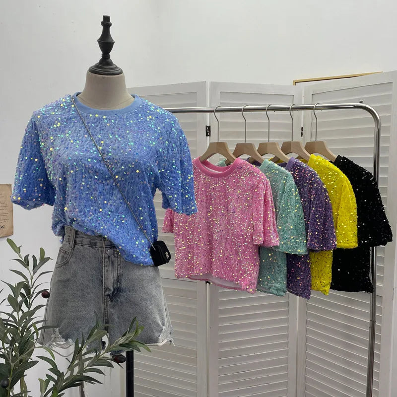 Spicy Girl Pink Sequins Short Sleeve T-shirt Round Neck Slimming Crop Top Blingbling Sexy Nightclub Multi Color Casual Tees