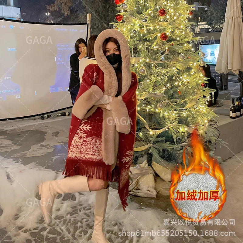 Faux Rabbit Fur Plaid Hooded Poncho Coat for Women