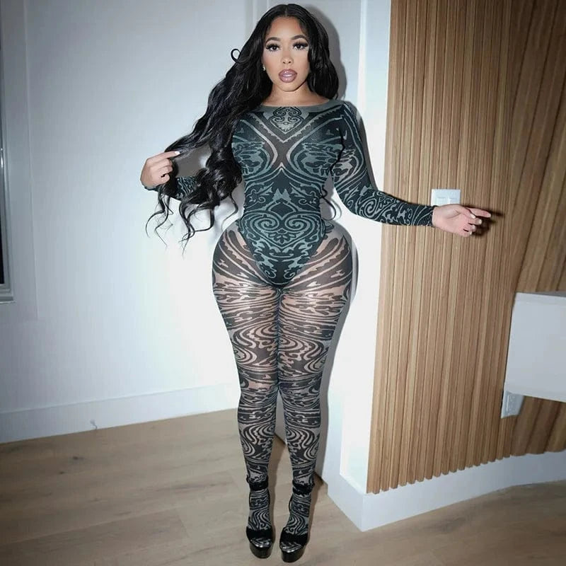 Joskaa 2025 Women's Abstract Print Two Piece Set Sexy Round Neck Long Sleeve Bodysuit + Skinny Pants Matching Y2K Streetwear