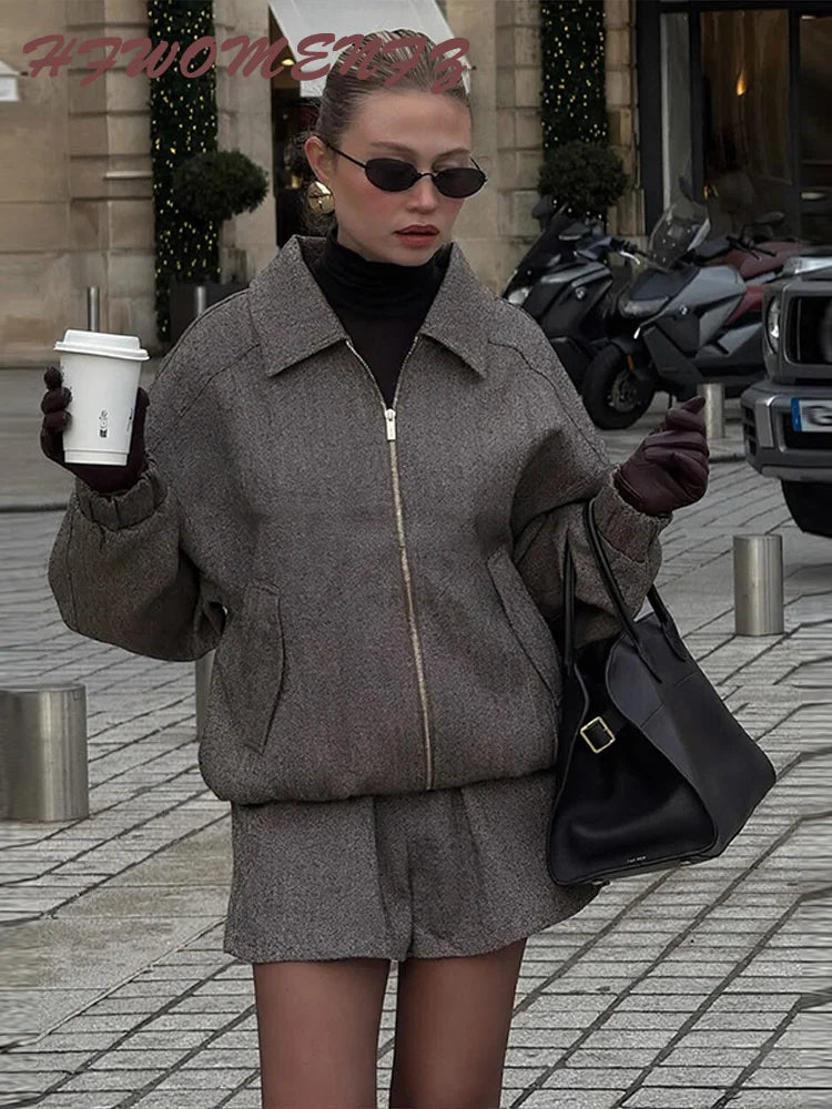 Zipper Front Lapel Jacket And Shorts Set + For Women