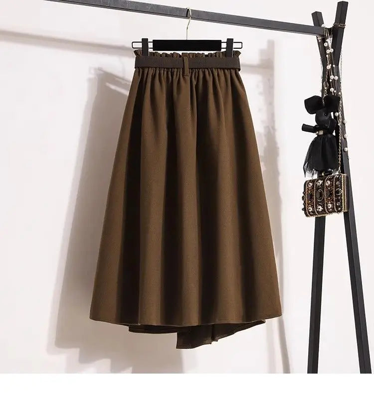 High Waisted Black Wool Midi Skirt With Pockets for Women