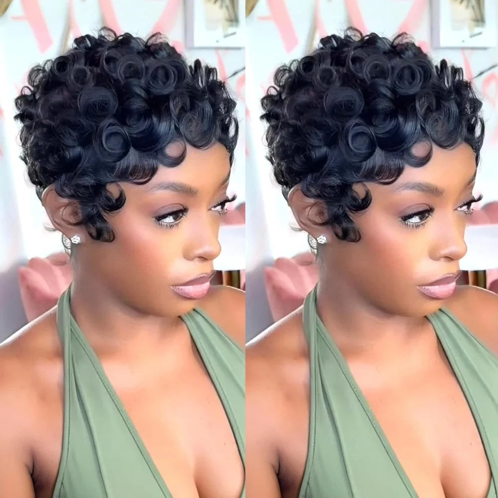 Short Curly Pixie Cut Brazilian Human Hair Wig for Women