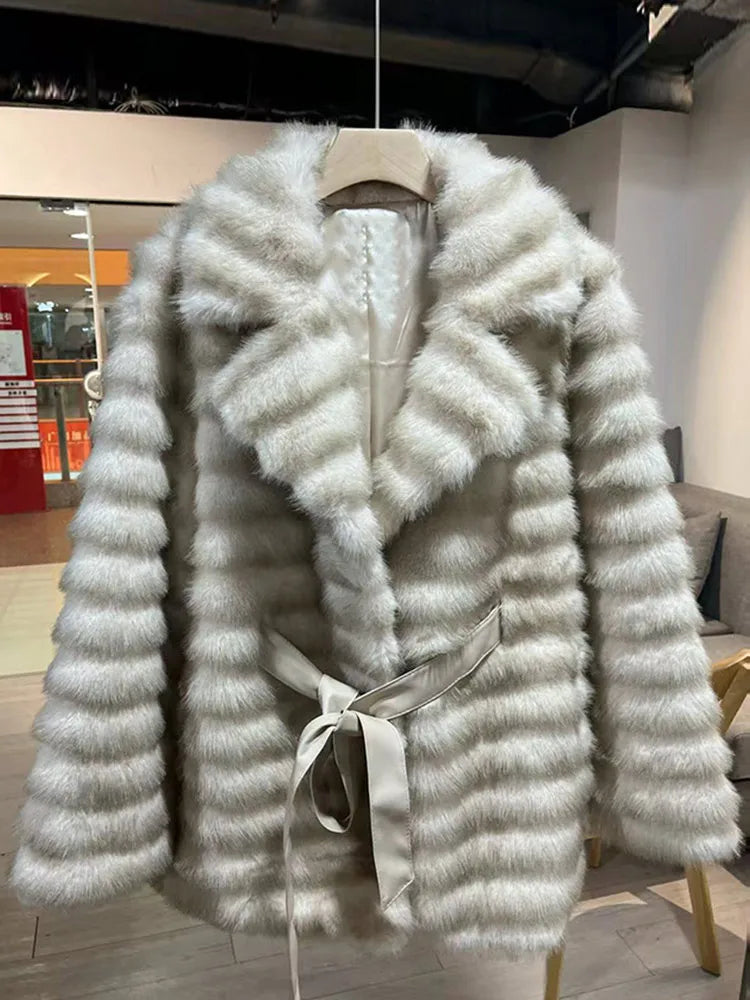 Faux Fur Belted Lapel Coat With Lace Up Front for Women