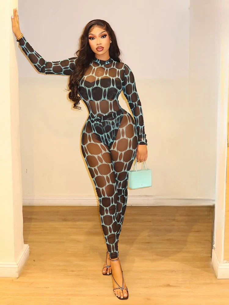 Mesh Patchwork Long Sleeve Two Piece Pants Set for Women