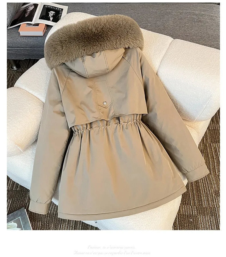 Korean Style Quilted Hooded Coat With Fur Collar For Women