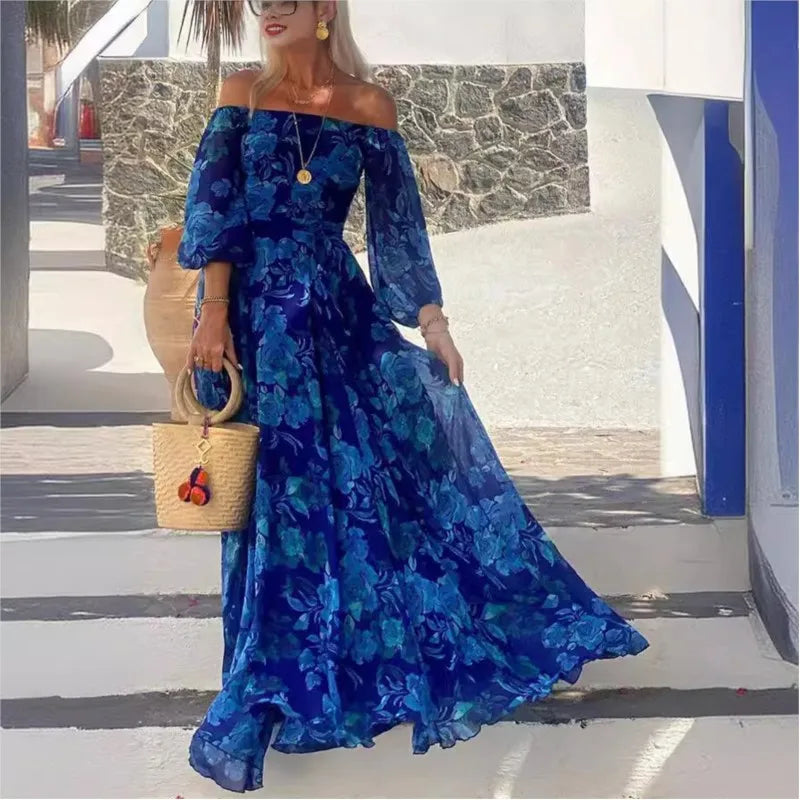 Vintage Pattern Print Long Dress Women Sexy Off Shoulder Long Sleeve Party Dress Fashion Waist Pleat Loose Hem Beach Dress