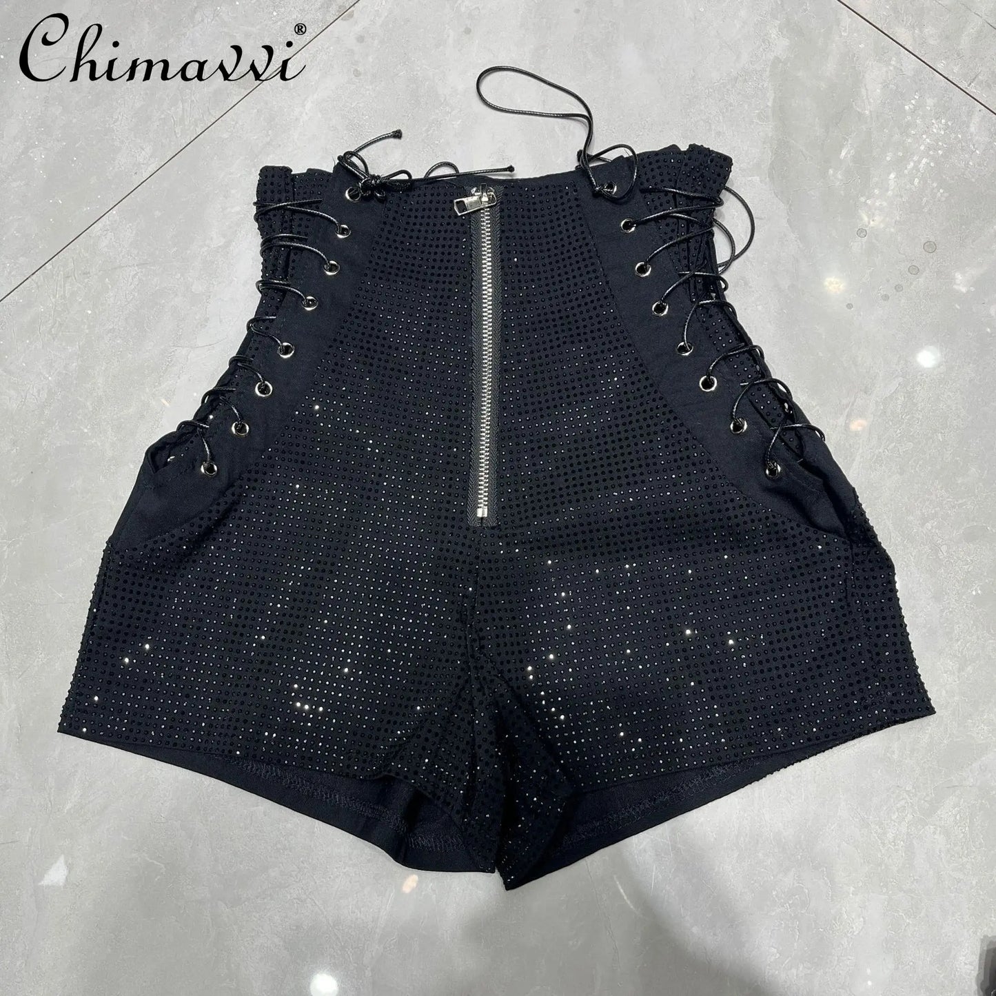 Summer New Fashion Hot Girl Design Heavy High Waistshorts Women's Tie Back Zipper Design Tight Hip Covering Nightclub Hot Pants