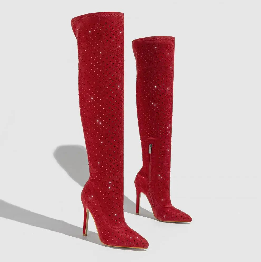 Stylish Suede Over The Knee Rhinestone Pointed Toe High Heel Boots for Women