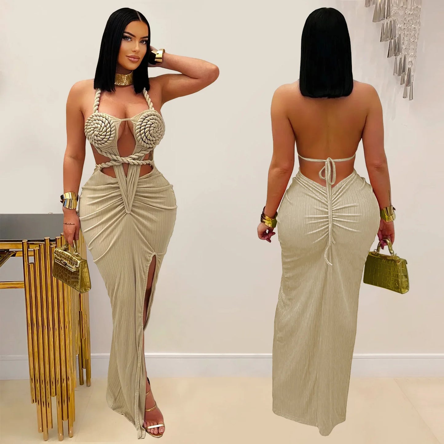 Joskaa Women's 2025 Summer Knit Halter Dress Sexy Hollow Backless Slit Bodycon Maxi Dresses Holiday Party Club Beachwear S-XXL
