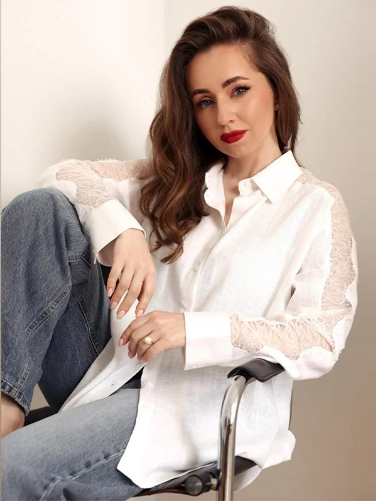 Elegant Lace Patchwork Long Sleeve Top With Turn Down Collar for Women