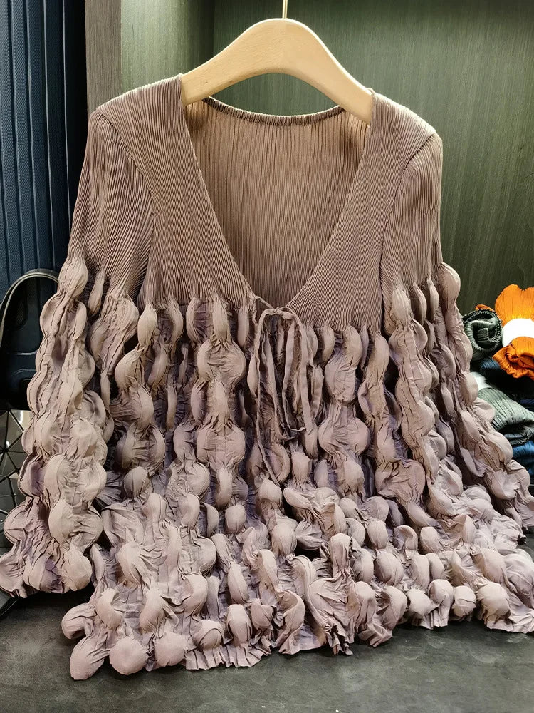 Elegant Lace Up Pleated Long Sleeve Coat for Women