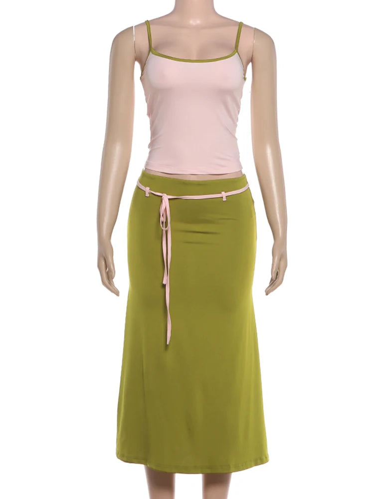 Color Blocking Backless Camisoles and Ribbon Long Skirts Two Piece Set for Women