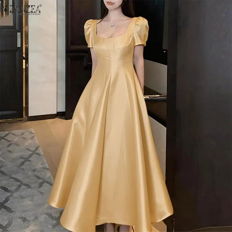 Square Neck Satin Puff Sleeve Maxi Dress