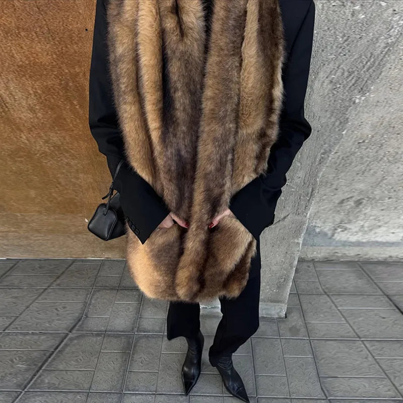 Long Thick Plush Faux Fur Scarf With Fringe for Women