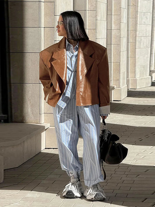 Vintage PU Leather Women's Short Jacket Loose Laple Oversized Pad Shoulder Jackets Female 2025 Autumn Fashion Lady Streetwears