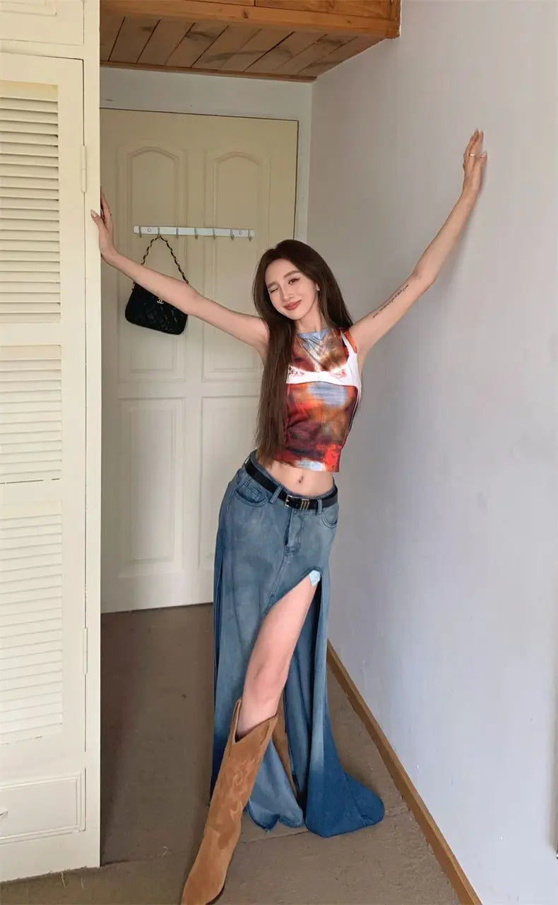 Gradient Wash High Waist Split Denim Long Skirt for Women