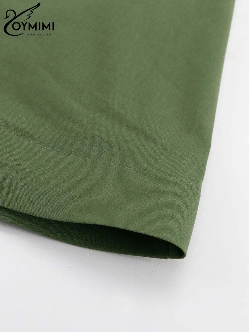 Oymimi Elegant Green Cotton Women's Dress Fashion O-Neck Sleeveless Dresses Casual New High Waist A-Line Mid-Calf Dresses Female