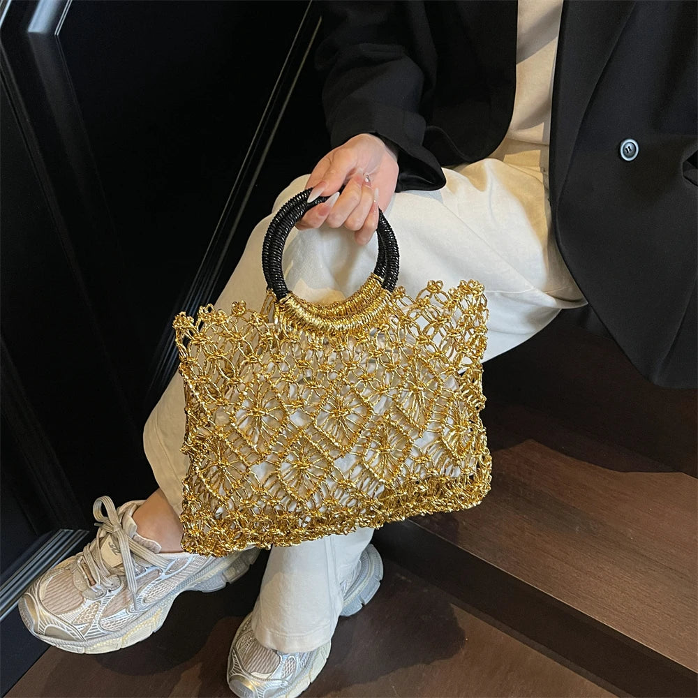 Eco Friendly Woven Round Handle Hollow Out Craft Paper Handbag for Women