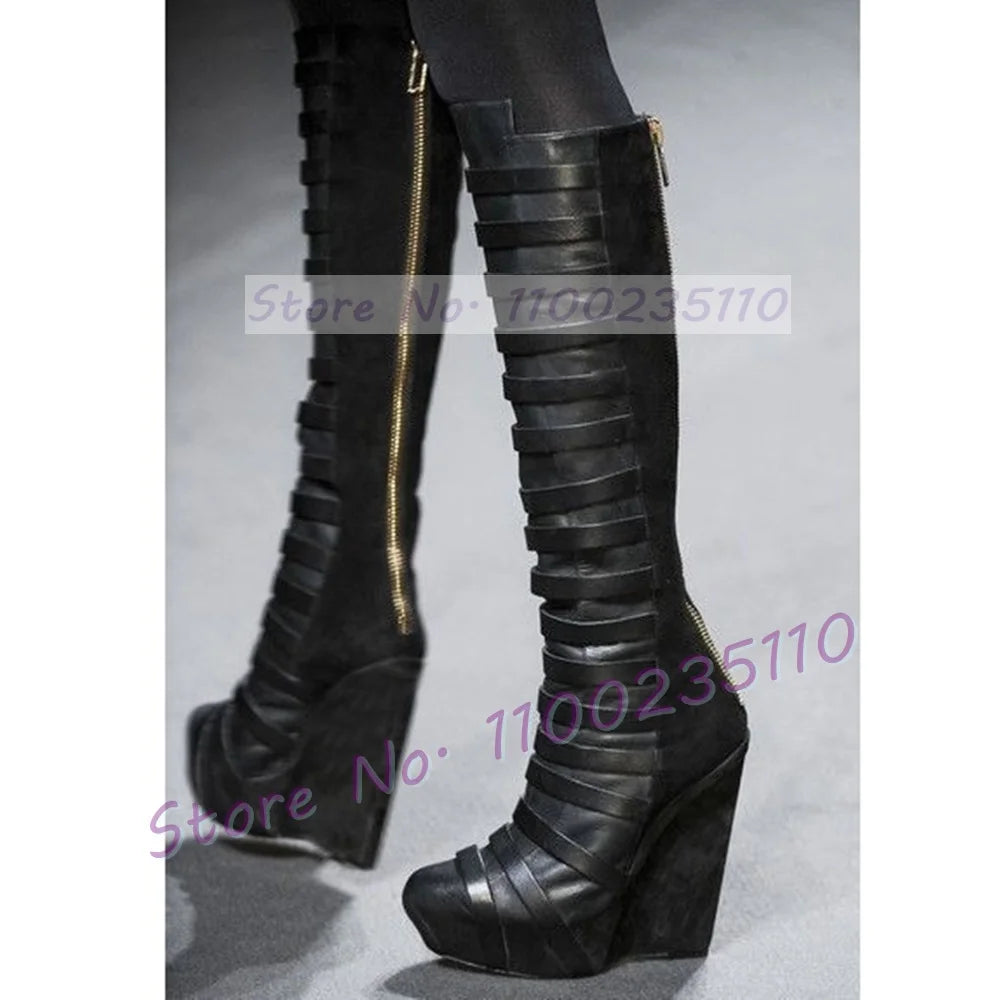 Chic Black Platform Wedge Knee High Boots for Women