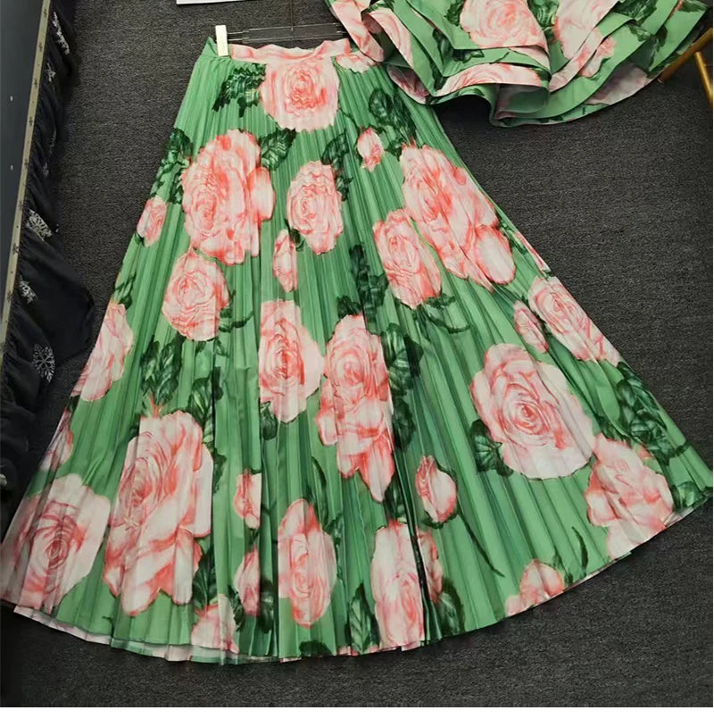Printed Top And Pleated Skirt Set