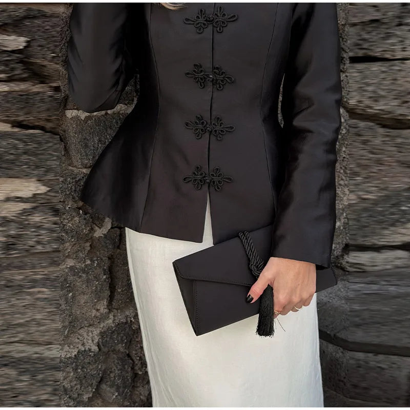 Elegant Satin Frog Button Standup Collar Jacket for Women