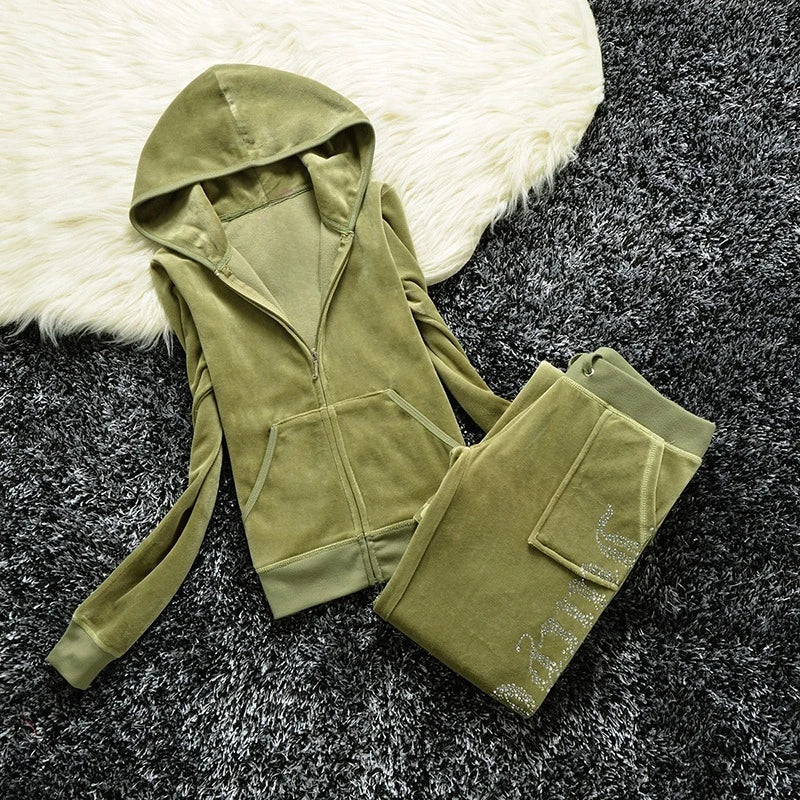 Y2K Velvet Rhinestone Two Piece Tracksuit Set for Women