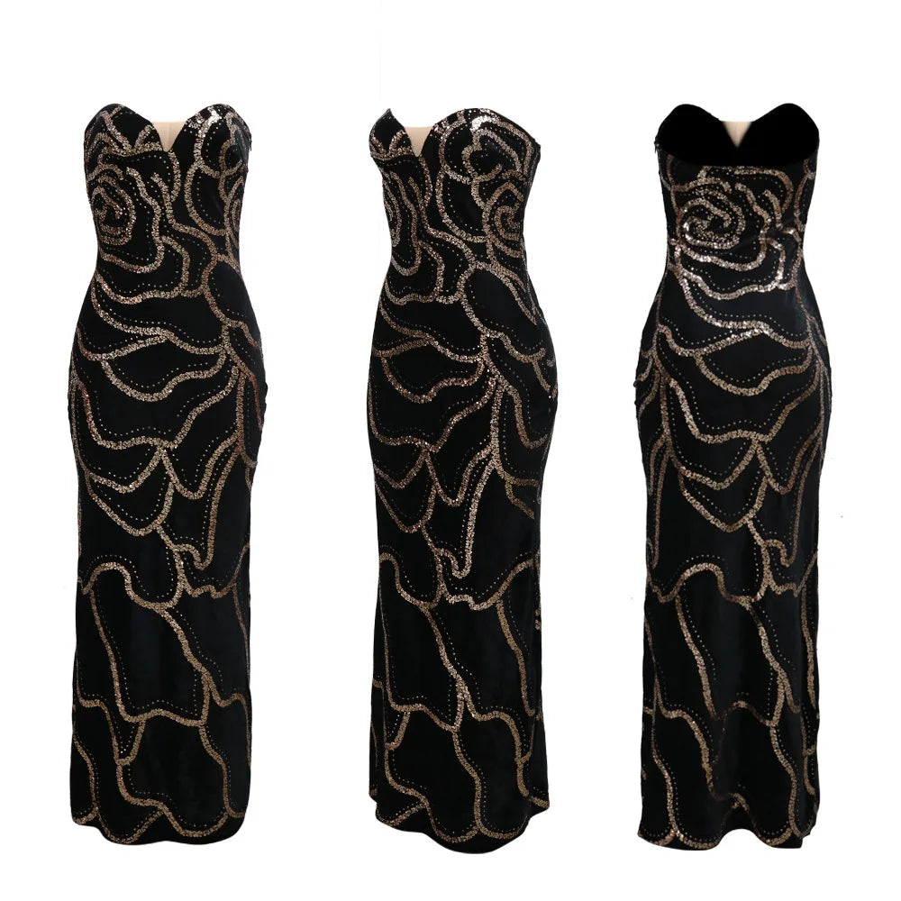 Sweetheart Strapless Deep V Velvet Rhinestone Rose Pattern Maxi Dress for Women