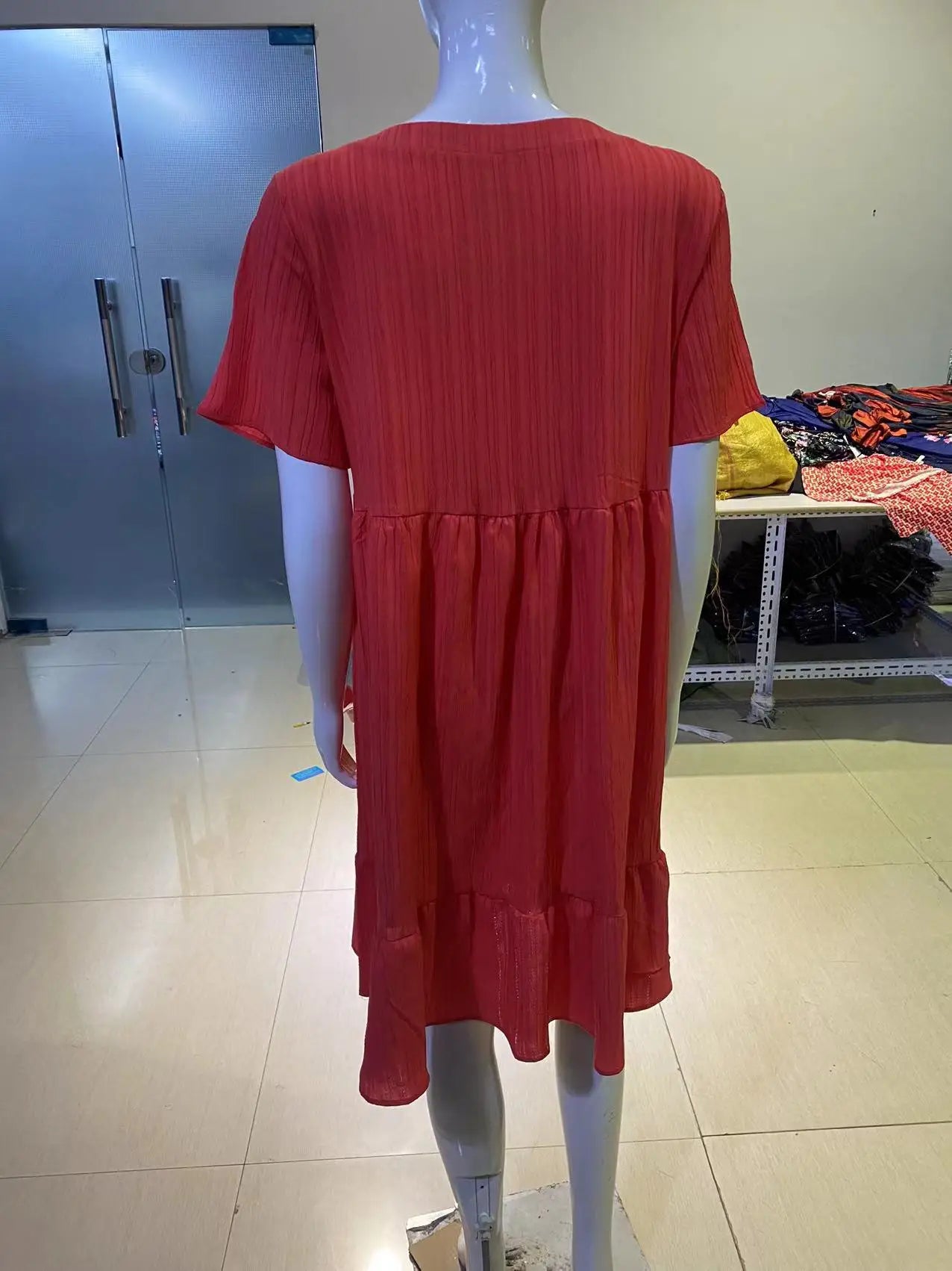 Summer Womens Short Sleeve Mini Dress Ladies Pleated Ruffle Solid Dresses Casual V Neck Vintage Loose Vestidos