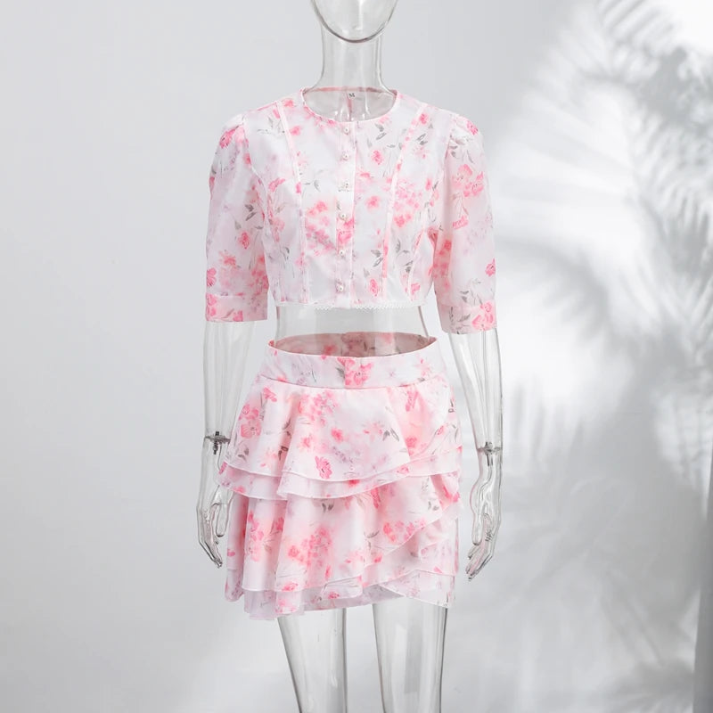 Floral Print Slim Top and Ruffle Skirt Set for Women