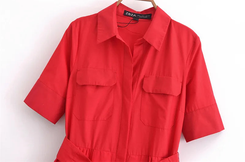 Lapel Casual Pockets Short Sleeve Shirt Dress for Women