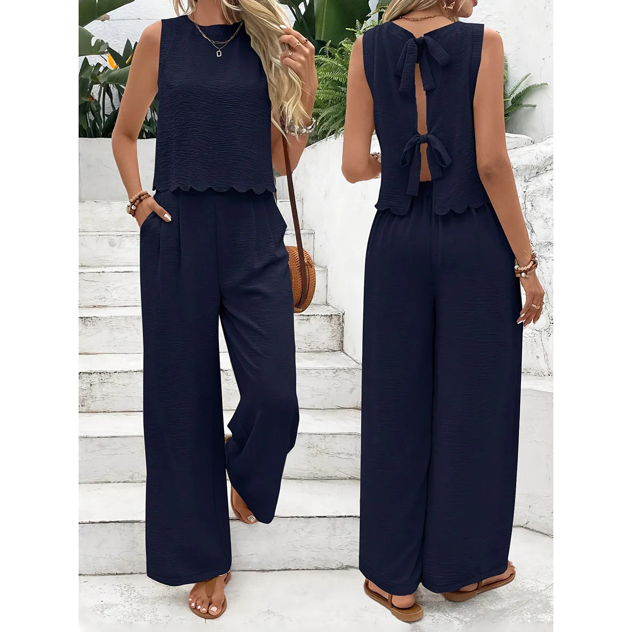 Vintage Hawaiian Print Casual Two-Piece Set for Women