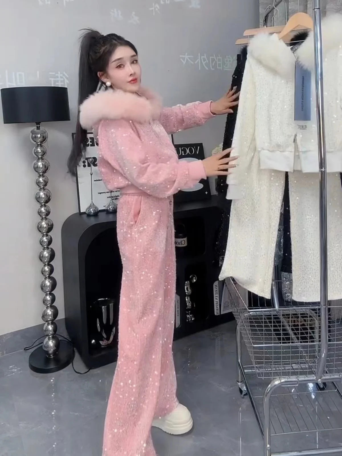 Fashion Velvet Casual Suit Winter Clothes New Sweet Sequins Hooded Fur Collar Sweatshirt Wide Leg Pants Ladies Two-Piece Set