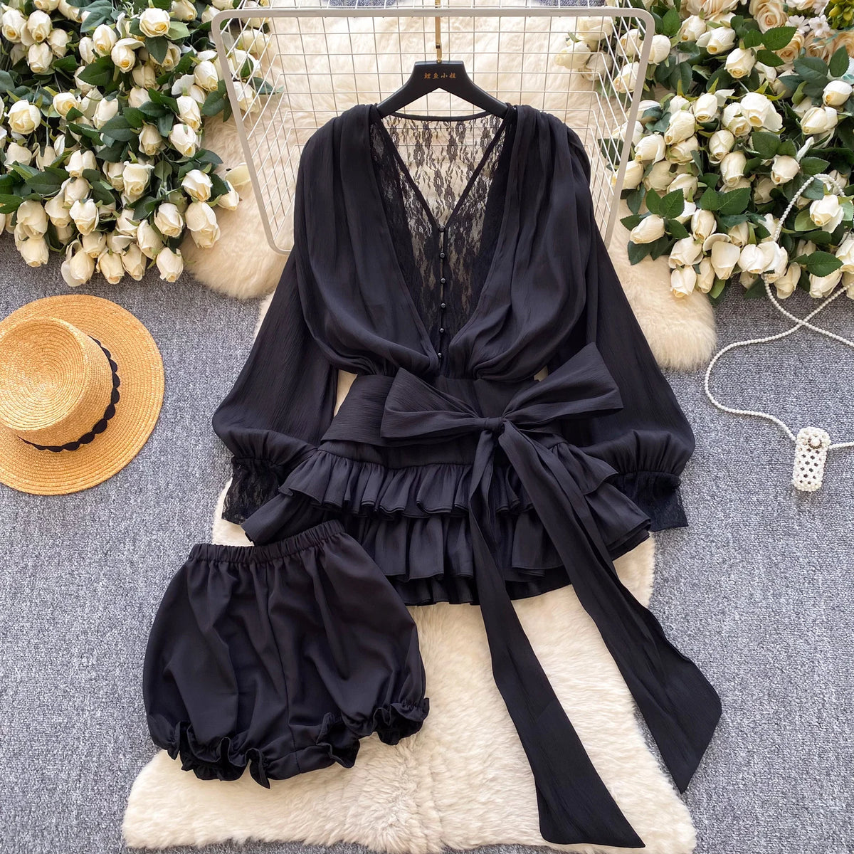 Lace Chiffon Mini Dress With Ruffles and Shorts for Women