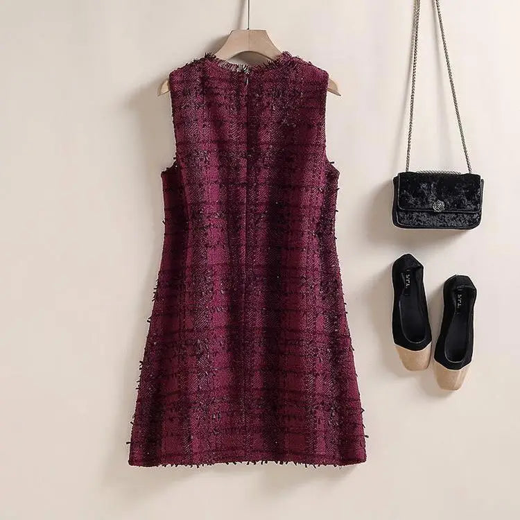 O-Neck Beaded Tweed A-Line Dress With Pockets for Women
