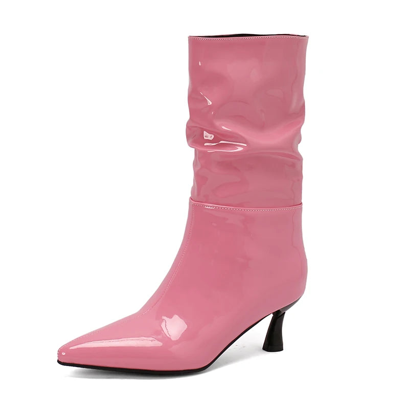 Patent Leather Pointed Toe Mid Calf Slouch Boots for Women