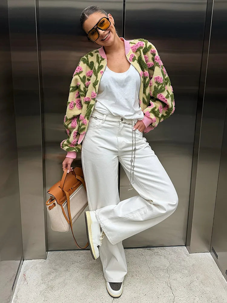 Casual Floral Print Bomber Jacket With Collar For Women
