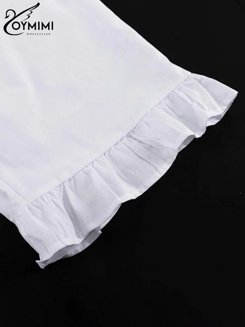 Oymimi Elegant White Cotton Sets For Women 2 Pieces Casual Lapel Long Sleeve Button Shirts And Ruffled Ankle-Length Pants Sets