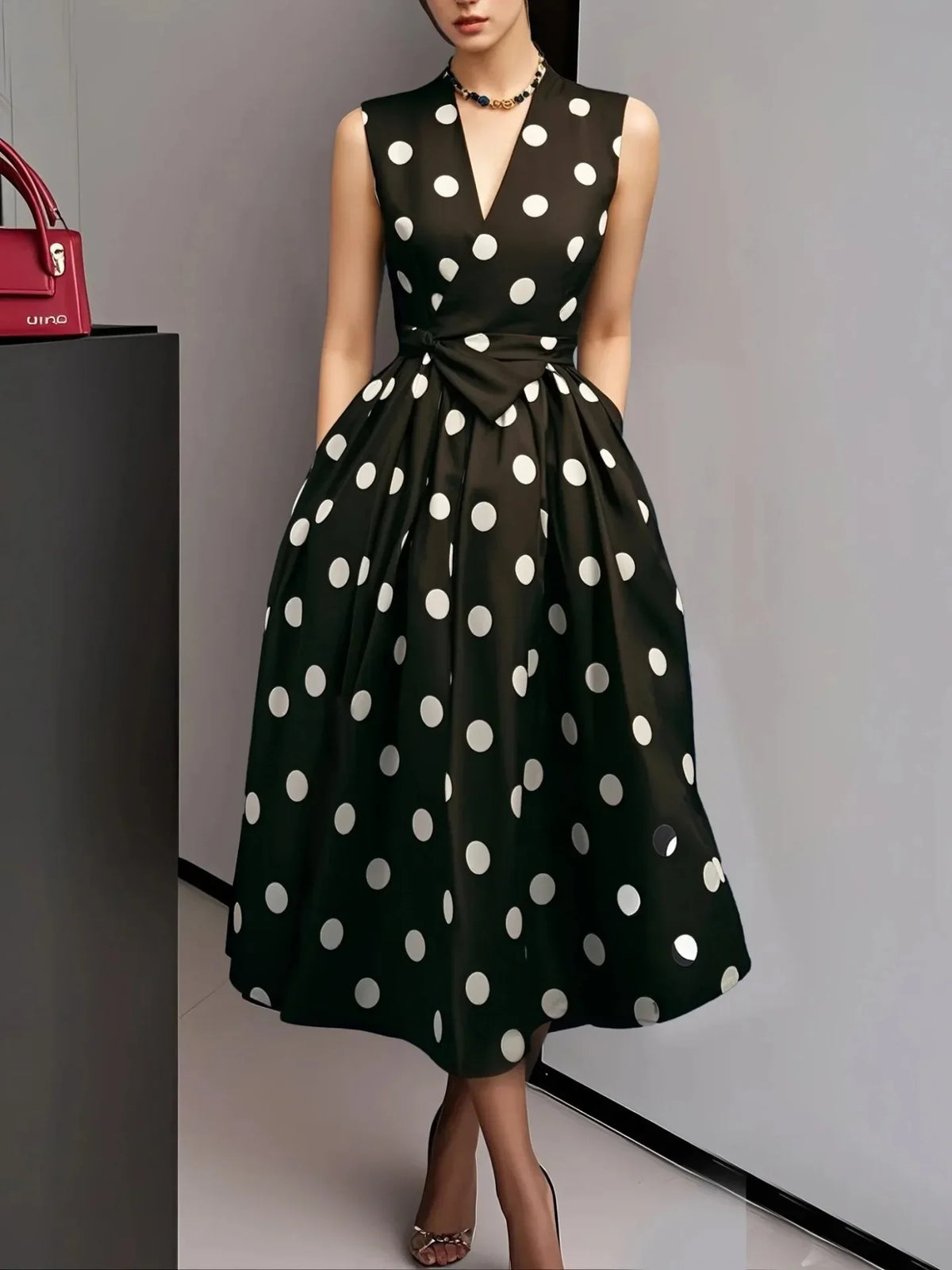 Vintage Polka Dot V Neck Lace Up Midi Dress for Women