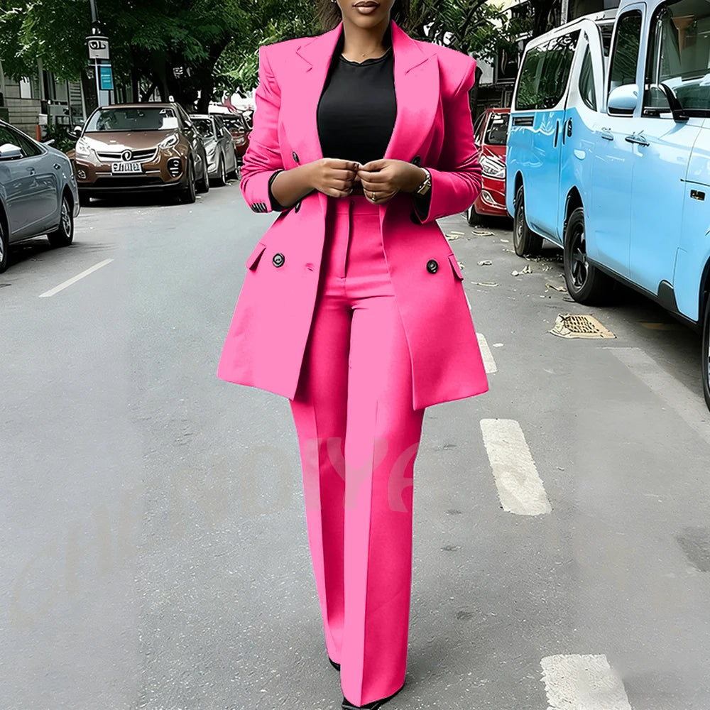 High Quality Women Suits Double Breasted Straight Formal 2 Piece Jacket Pants Peak Lapel High Street Daily Office Casual Suit
