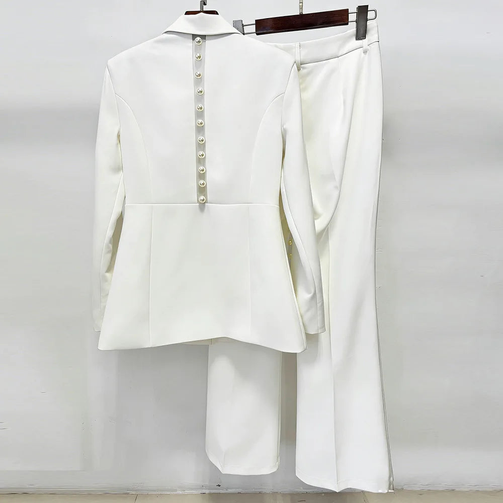 HIGH STREET Newest 2026 Designer Runway Suit Set Women's Pearls Beaded Gauze Patchwork Slim Fitting Blazer Pants Set