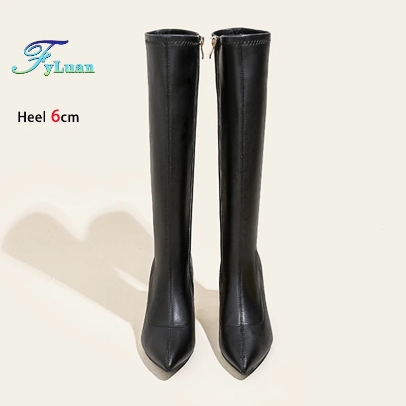 Patent Leather Pointed Knee High Boots