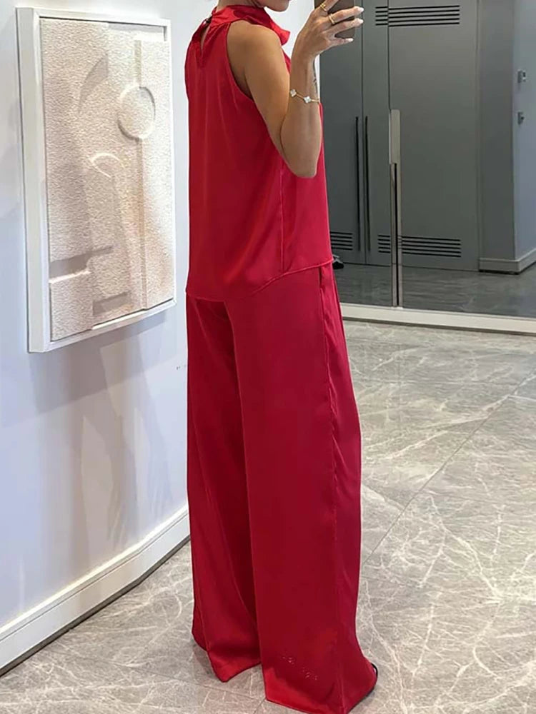Pile Collar Sleeveless Top Wide Leg Pants 2CPS Sets, Women Summer Loose Elastic Waist Chic Outfit, Solid Patchwork Ladies Suits
