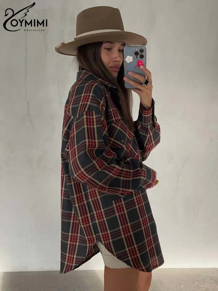 Oymimi Fashion Red Plaid Print Women's Shirt Elegant Long Sleeve Pockets Blouses Casual New Lapel Single Breasted Shirts Female