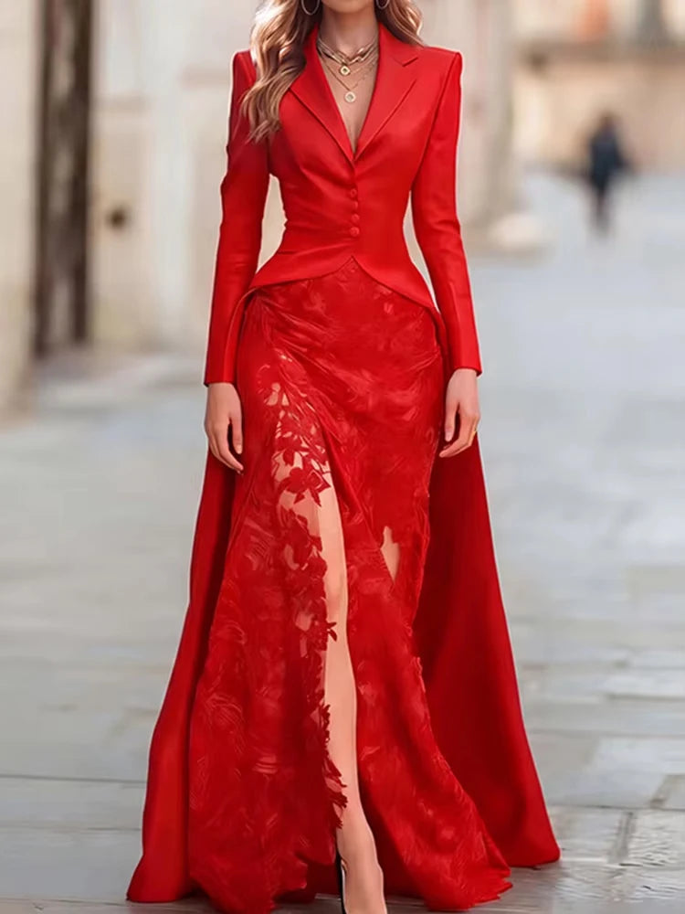 Winter Elegant Lace Patchwork Occasion Set Sexy V-neck Button Top & Long Skirt Suit Casual Long Sleeve Solid Slim Party Outfits