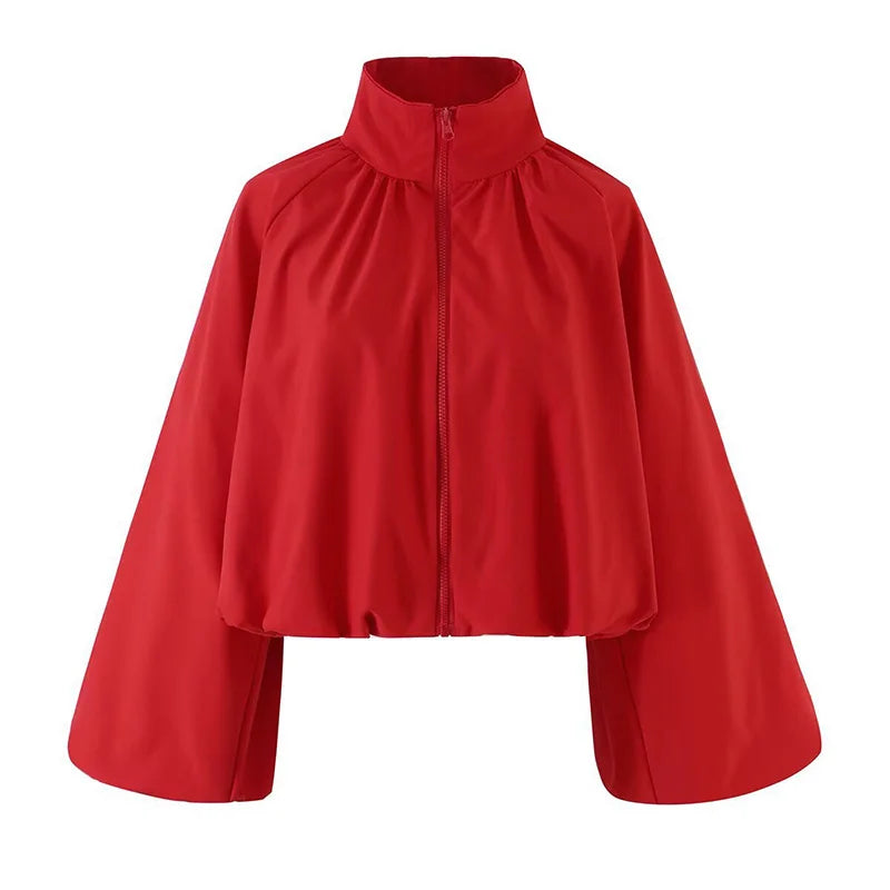 Zip Up High Neck Puff Sleeve Cropped Jacket For Women