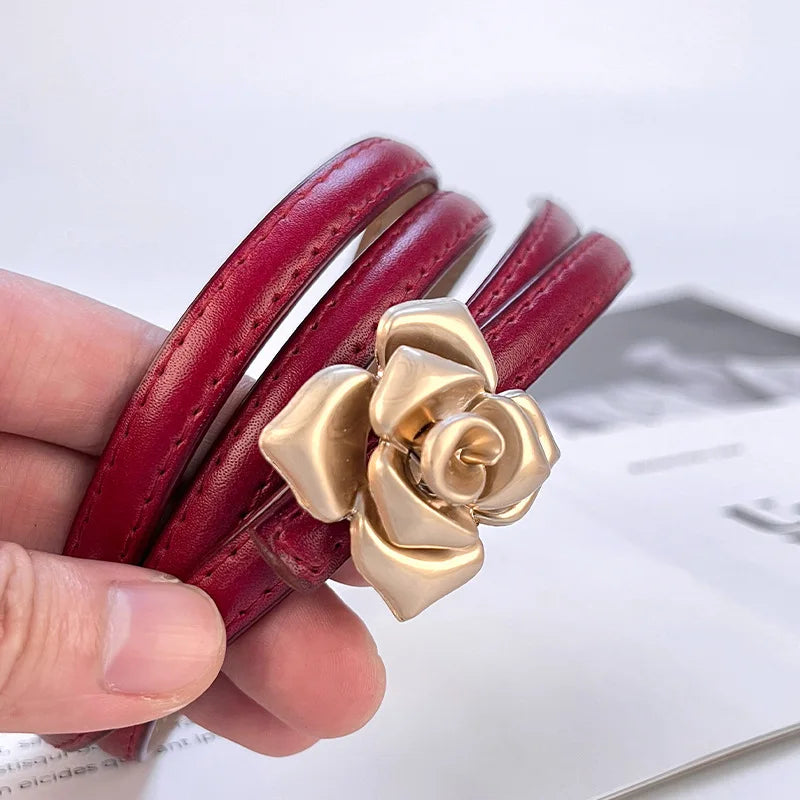 Double Sided Metal Flower Buckle Thin Belt for Women